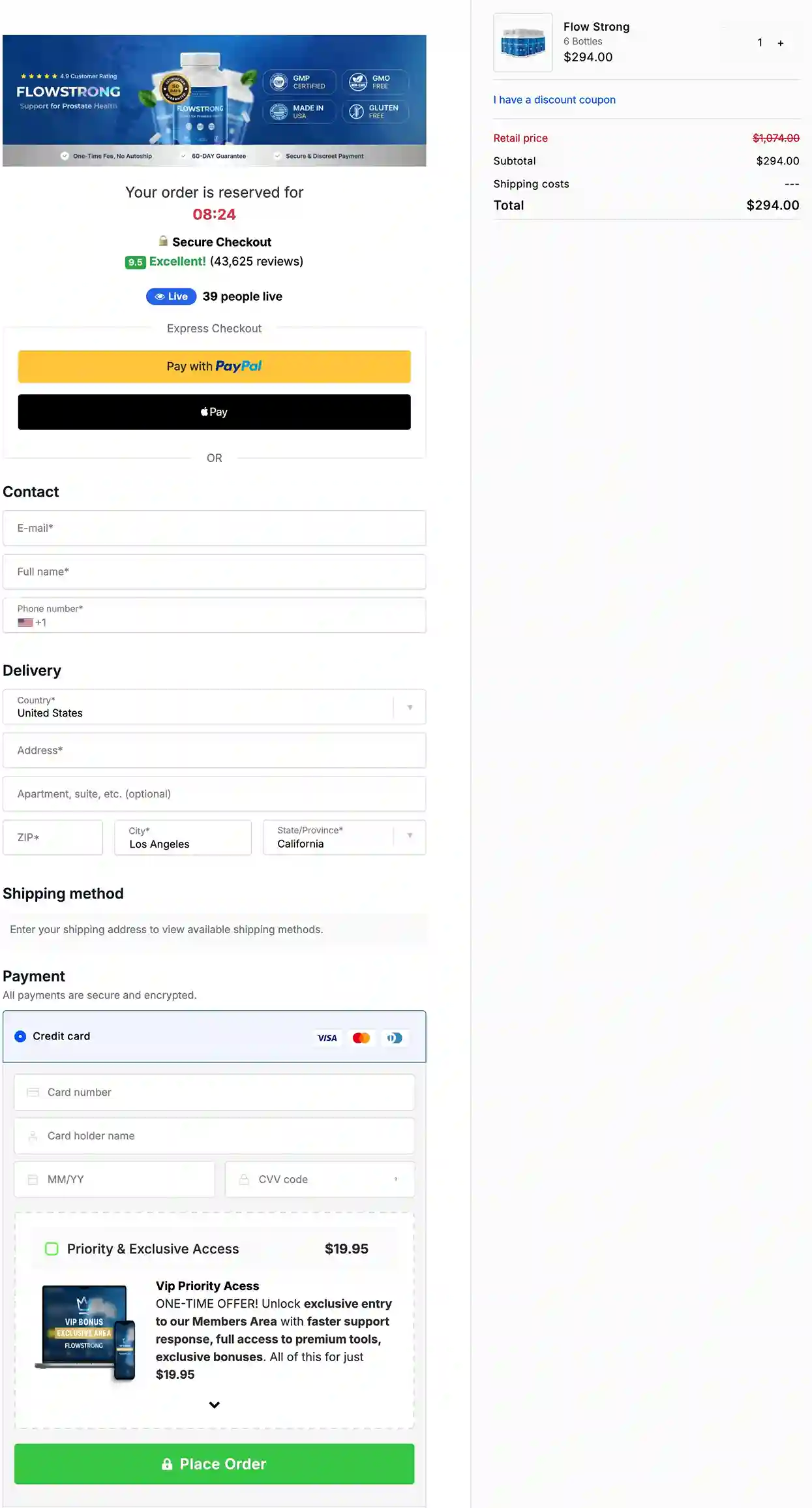 FlowStrong accepts Visa, Mastercard, American Express, Discover, PayPal